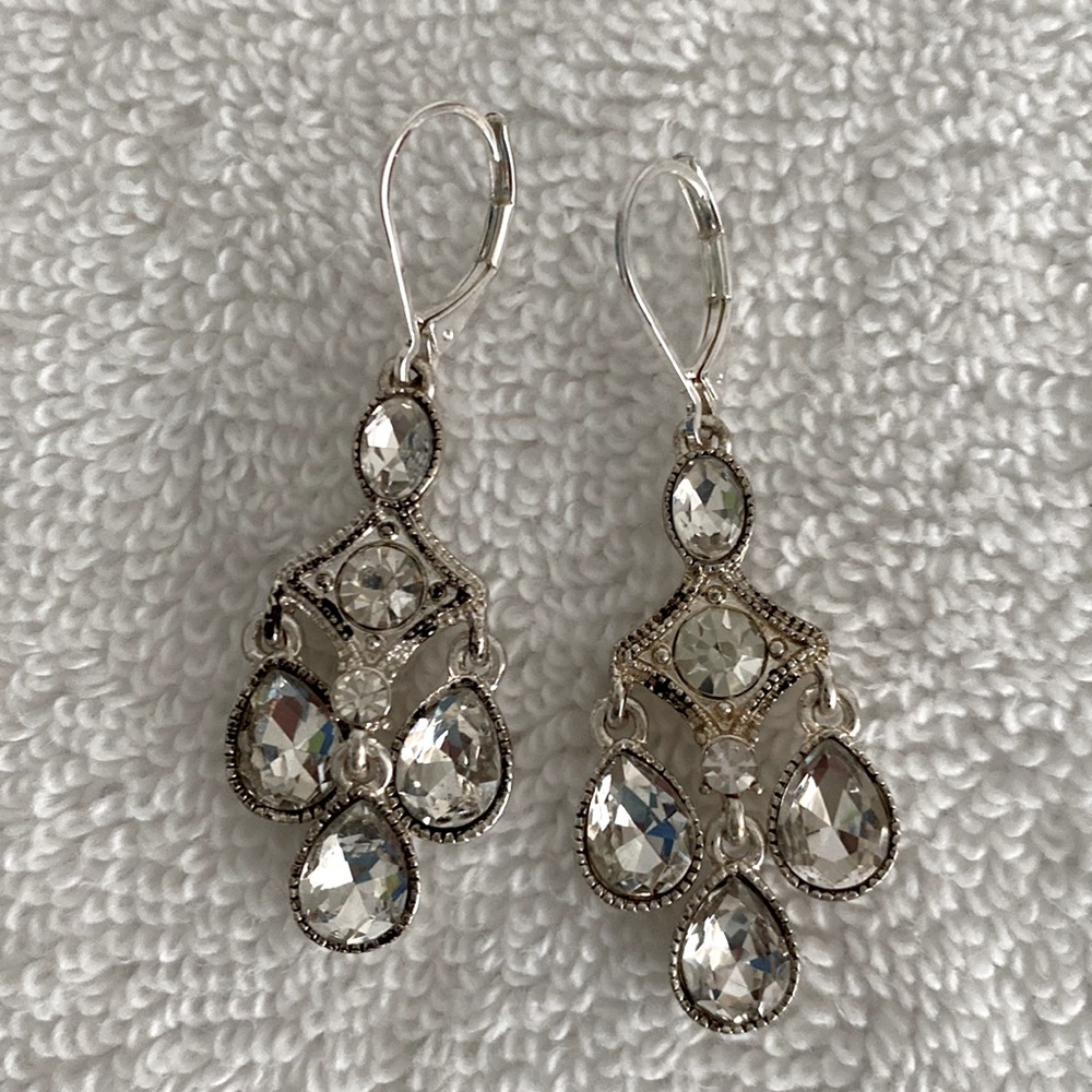 Silver Tone & Crystal Drop Dangle Earrings